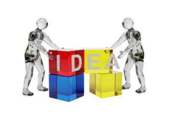 Two stylized, minimalist crystal figures stacking vibrant primary color blocks that spell 'idea' on a transparent studio background, macro shot with extreme shallow focus. concept of synergy and
