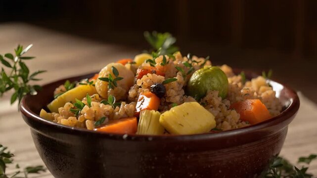 Hearty grain and barley salad bowl with roasted vegetable medley, carrot and herb warmth