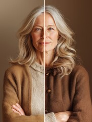 Split portrait of a woman showing youth and aging contrast