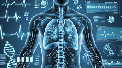 Human respiratory system lungs spine digital medical anatomy illustration heartbeat virus health monitoring internal organs glowing nerve signals futuristic concept - Powered by Adobe