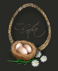 Happy Easter. Isolated design with an oval frame and Easter eggs in a nest.