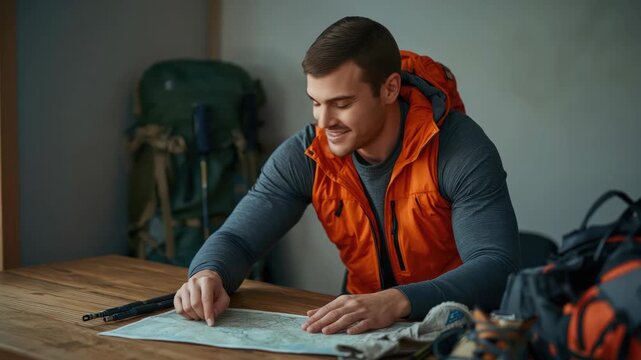 Smiling hiker studies map with backpack and outdoor gear wooden table wearing orange vest