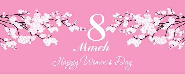 8 March. International Womens Day. Greeting card. Celebration pink background with white flowers and place for your text. Horizontal Banner. Web banner design background for header Templates. 