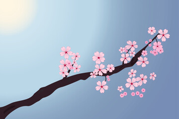 Branch of sakura flower on springs sky vector for printing. Peach blossom illustration. Cherry blossom with nature background. Japanese floral collection.