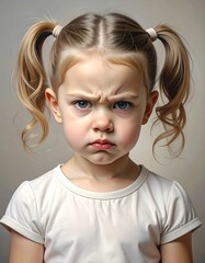 An angry girl with pigtails stares intensely, brow furrowed, against a neutral background
