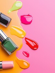 Colorful nail polish bottles spilled on pink and orange surface