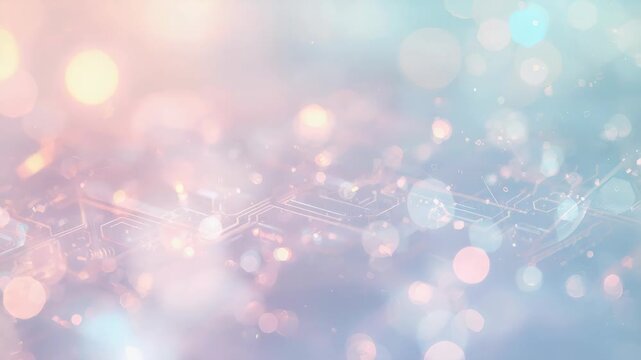 Soft pastel bokeh circuit pattern with dreamy abstract technology glow and gentle glowing lights