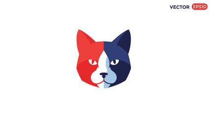Obraz premium Geometric cat face logo with red and blue color scheme on white background.