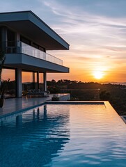 Naklejka premium A contemporary house with a swimming pool overlooking a beautiful sunset over the horizon.