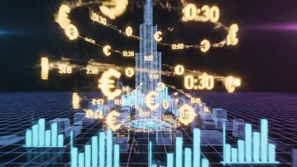 Digital currency euro glowing financial data visualization futuristic technology innovation with vibrant cityscape holographic buildings neon blue purple light effects and upward trend bar chart - Powered by Adobe