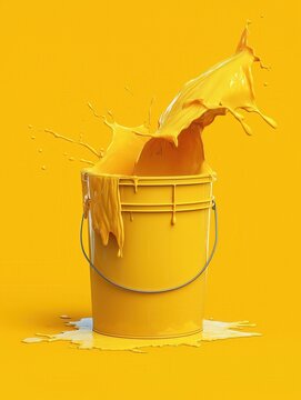 Yellow paint splash from plastic bucket on yellow background