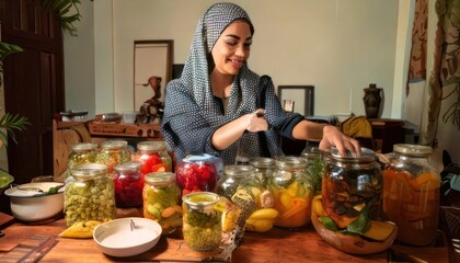 Woman in hijab preparing homemade pickles and preserves.