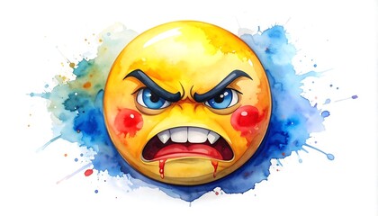 An angry, yellow emoji with fangs is painted with a watercolor brush and spattered with blue and red paint