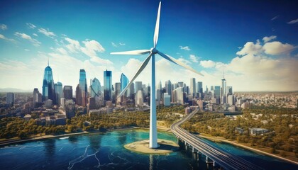 Wind Turbine Powering a City - Sustainable Energy and Urban Development.