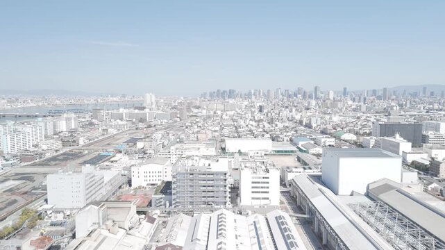 Osaka Japan Urban Cityscape Aerial. Panning Drone Shot. 4K D-Log Flat Profile