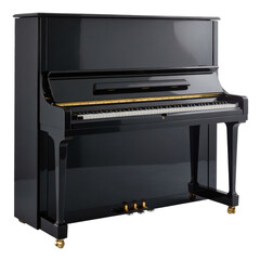 upright piano, black and gold, isolated on white background.