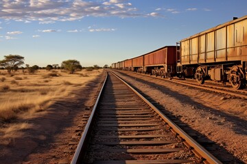 Fototapeta premium Long freight train standing on railway tracks stretching through an arid savanna at sunset