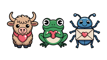 Fototapeta premium Cute Valentine's Creatures: A delightful illustration of a yak, a frog and a bug, each with their own unique style. Celebrating love, hearts, and cheerful characters.