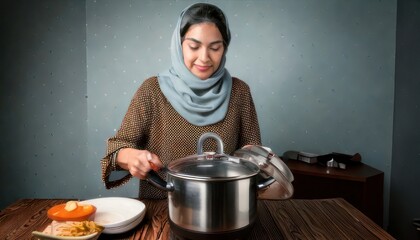 Woman in hijab preparing food in kitchen at home.