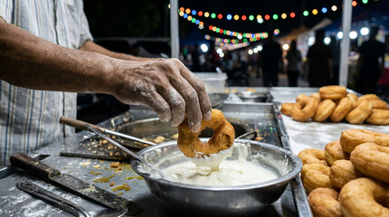 Traditional Romanian Street Food Vendor Preparing Savory Gogoși Doughnut with Cream Cheese
