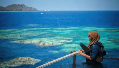 Woman in hijab observes coral reef restoration efforts in the Red Sea.