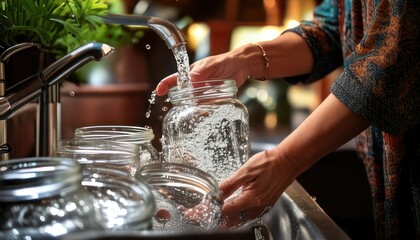 Washing Glass Jars in Sink for Food Preservation.