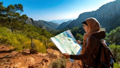 Woman in hijab hiking in mountains with map.