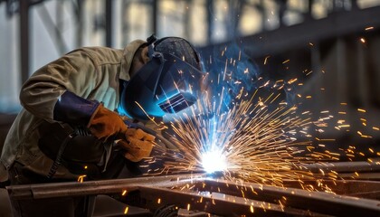 Welder at work with protective gear and bright sparks.
