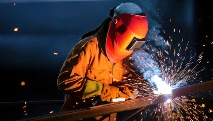 Welder at work with protective gear and sparks flying.