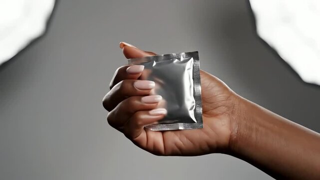 Close up hand holding foil packet video.