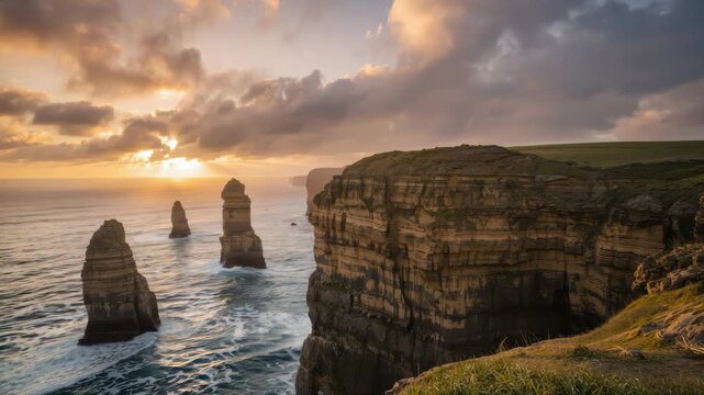 Golden sunset over rugged coastal cliffs and sea stack with dramatic clouds, warm golden light