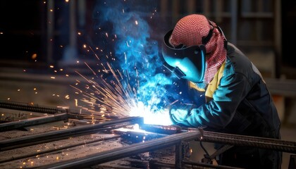 Welder at work with sparks and protective gear.