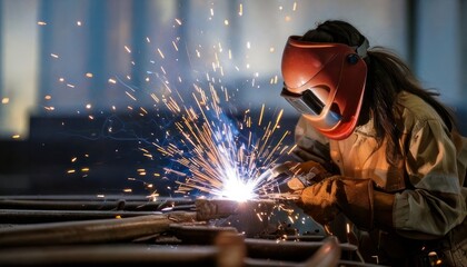 Welder at work with protective gear and sparks flying.