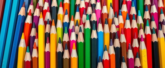A vibrant array of colorful sharpened pencils closely packed together, creating a textured, seamless background Ideal for creative and education themes,  supplies,  sharp