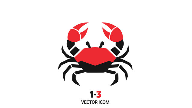 Stylized crab illustration with red claws and black body on white background, vector icon.