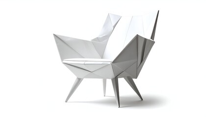 Fototapeta premium A paper-like chair with sharp folds, seemingly constructed from a single sheet, isolated on white