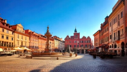 Warsaws Old Town Market Square - A vibrant cityscape under blue skies.