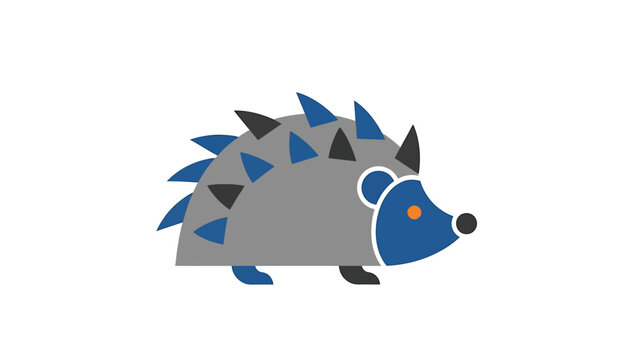 Stylized hedgehog illustration with blue and gray geometric shapes on white background.