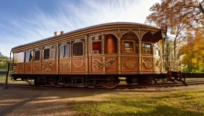 Vintage Train Car in Park - A Glimpse into Transportation History.
