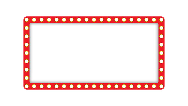 Marquee light frame with bulb glowing. Realistic retro banner 3d, red casino or circus sign, red neon cinema box, empty frame with gold lights and shadow.