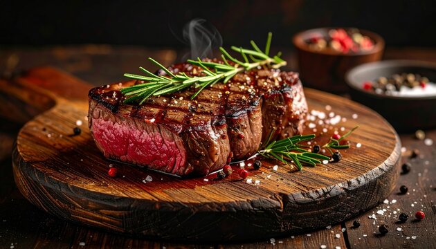 A delicious restaurant dinner plate featuring grilled beef steak and roasted lamb chops with rosemary served alongside cooked vegetables and savory sauce for a gourmet barbecue meal