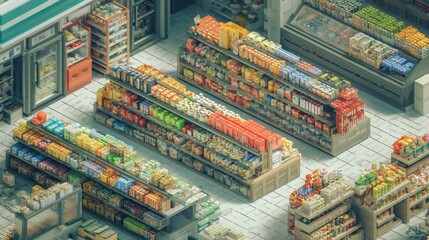 Fototapeta premium Shelves in a supermarket display a range of food products including snacks cereals and canned goods. The bright lighting highlights the colors of the packaging.