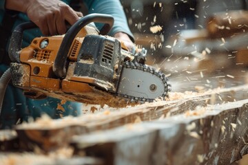 Carpenter's hands holding a chainsaw while cutting wood planks, sawdust flying around