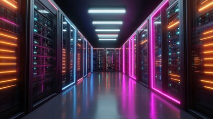 The scene shows a data center filled with server racks lit by colorful lights. Cables and equipment are neatly arranged highlighting a modern technology setup during nighttime.