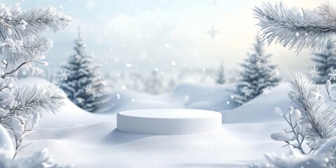 Fototapeta premium Snowy landscape with pine trees and a snow covered hill.