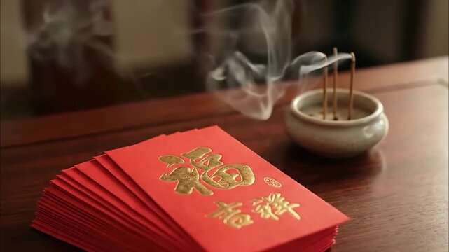 Close-up shot, slow zoom out, a stack of traditional red envelopes (angpao) with gold calligraphy 4K Videos