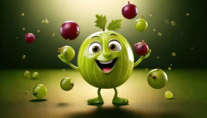 Whimsical Gooseberry Character Juggling Berries in a Playful Scene.