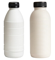 white plastic bottles with black caps on white background