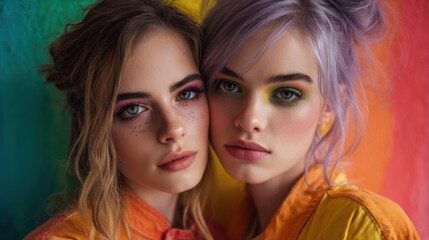Obraz premium Two young women stand side by side with colorful backgrounds. They have bright makeup and appear to be enjoying a fun moment together.
