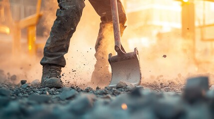 Worker shoveling ground with transparent